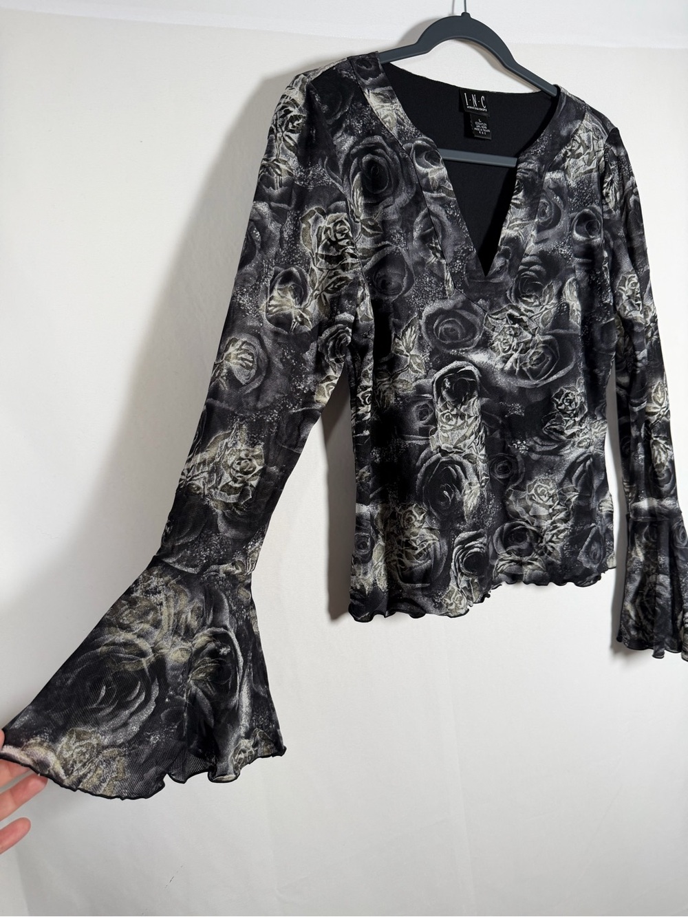 Vintage Y2K Black Floral Velvet Burnout Flare Sleeve Top Whimsigoth Fairy Grunge